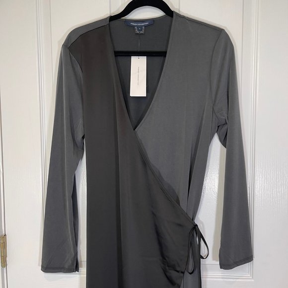 Black & Gray Dual Toned Midi Wrap Long Sleeve Dress L - NEW - Picture 3 of 9